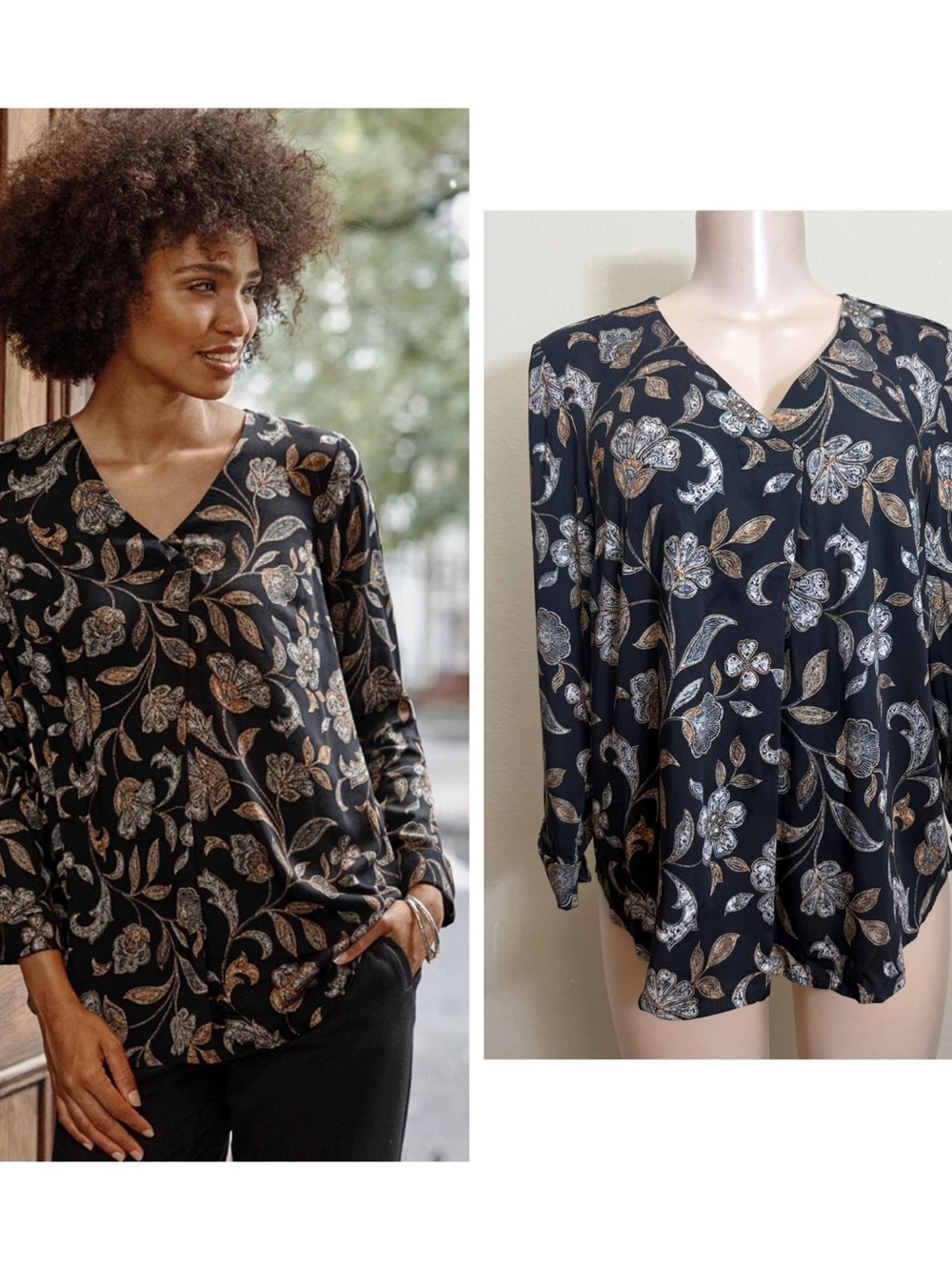 NWT J. Jill Black V-Neck Blouse with Gold and Cream Floral Print